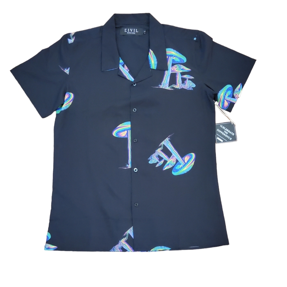 Civil Regime Men’s Button Down Mushroom Print Graphic Shirt Size S Black NWT